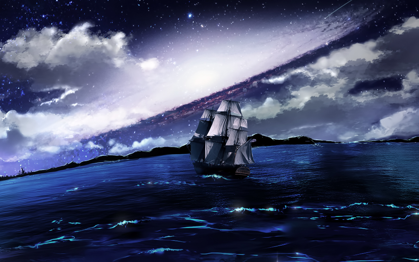 море, плавание, корабль, ночь, парусник, облака