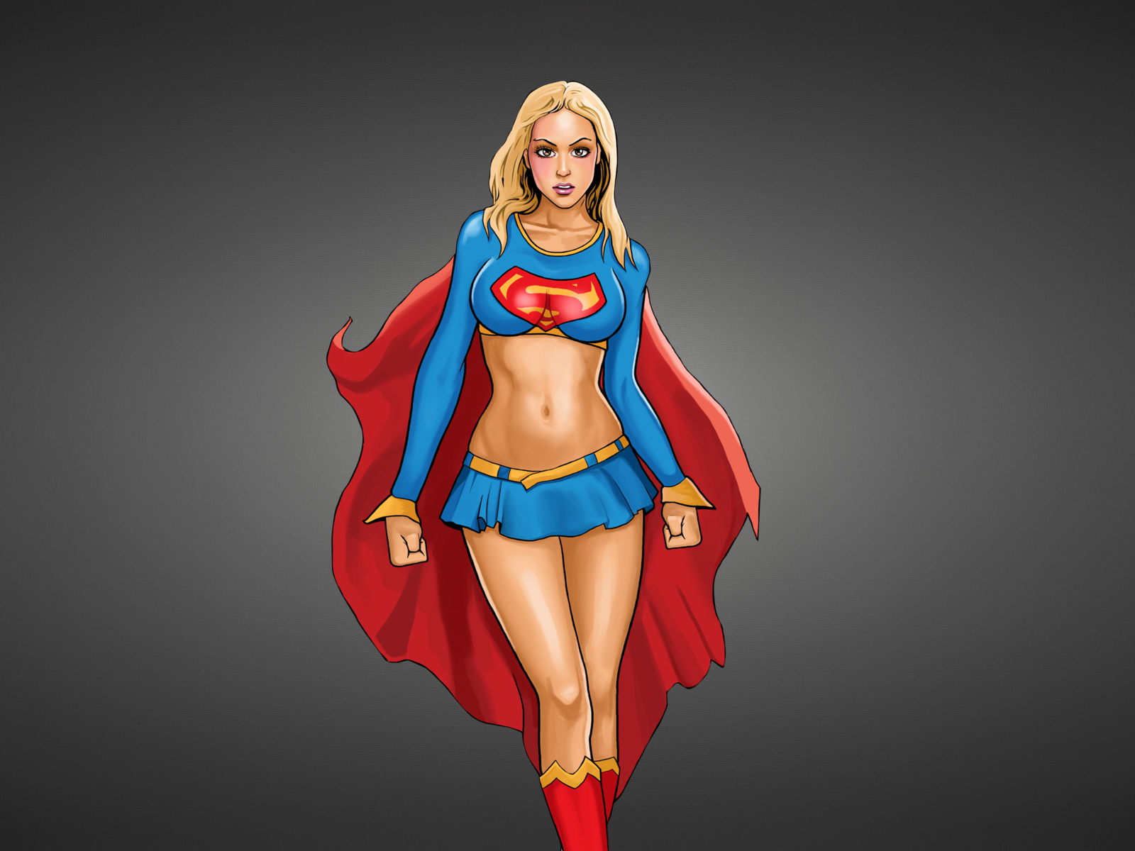 supergirl, супердевушка, темноватый фон, красный плащ