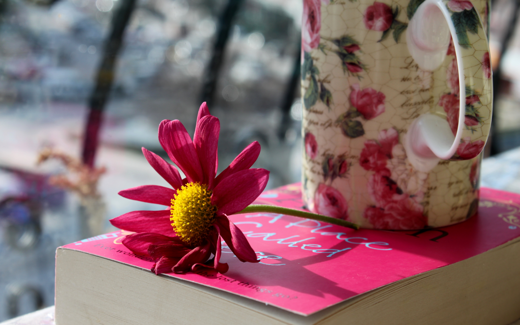 розовые, кружка, цветок, лепестки, чашка, книга