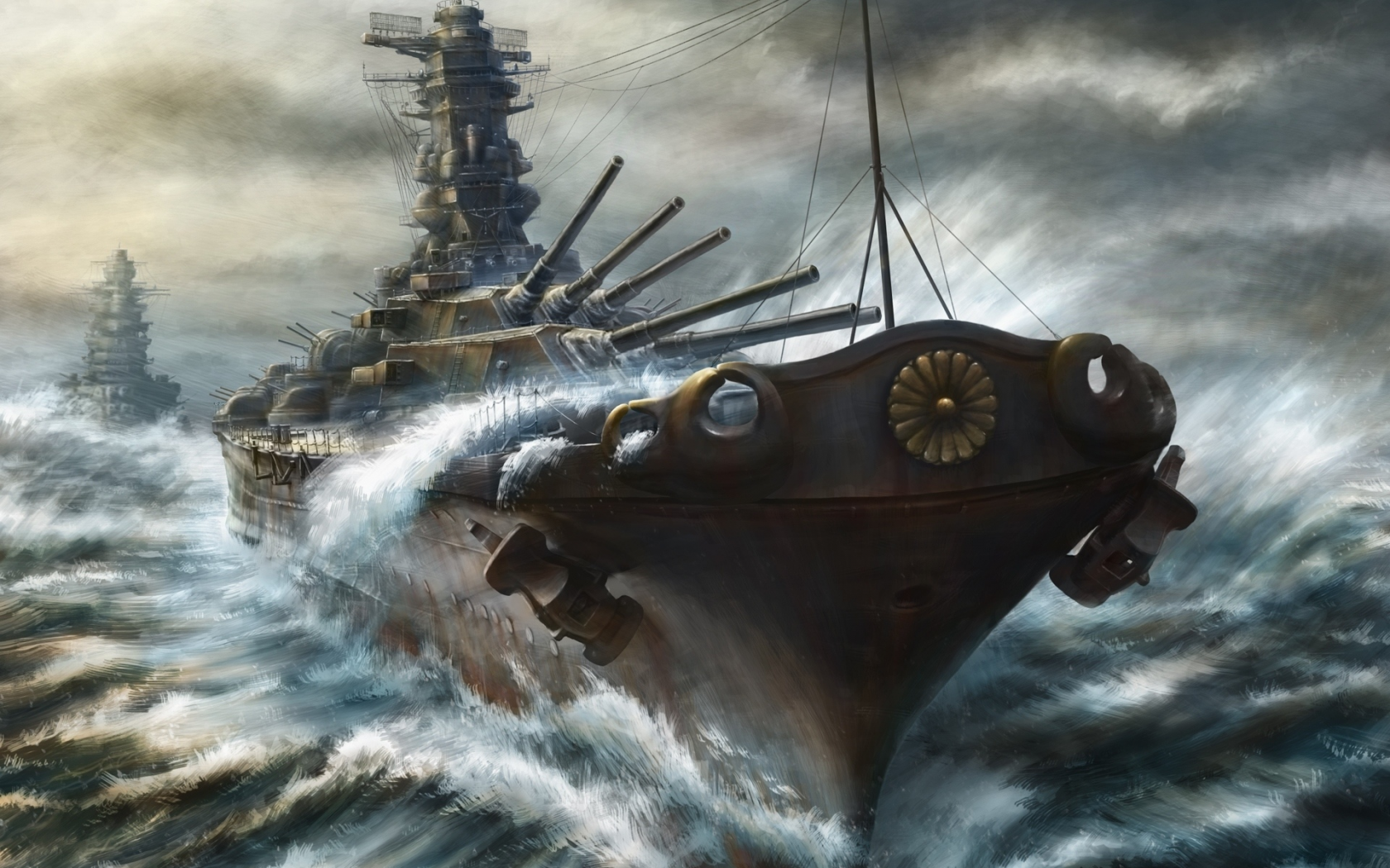 крейсер, art, море, kashi takahisa, линкор, пушки, корабли