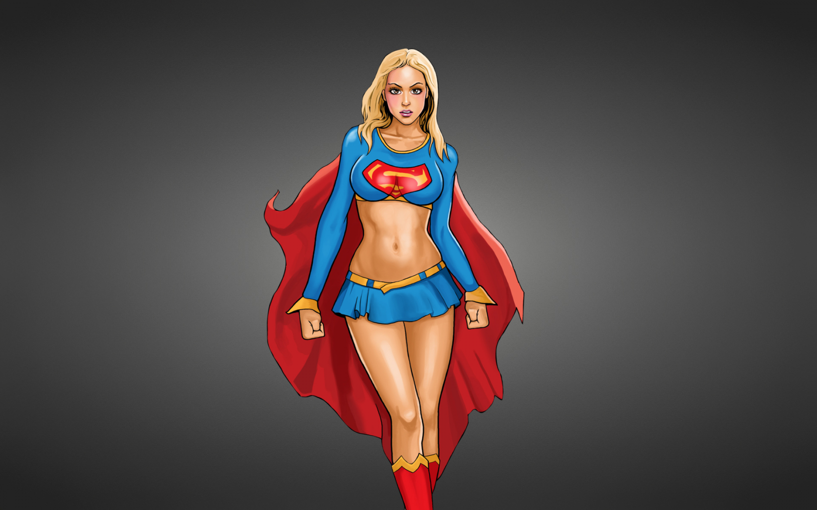 supergirl, супердевушка, темноватый фон, красный плащ