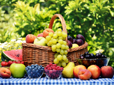 скатерть, корзина, фрукты, ягоды, тарелка, вишня, стол