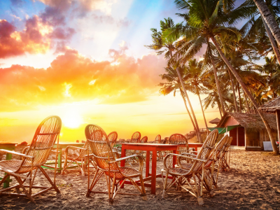 cafe , ocean, coastline , tropical , india, landscape, palms, beautiful , chairs, sea, sunset 