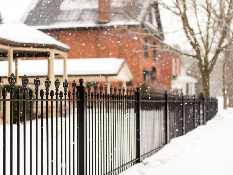 дома, металлическая, снег, ограда, забор, деревья