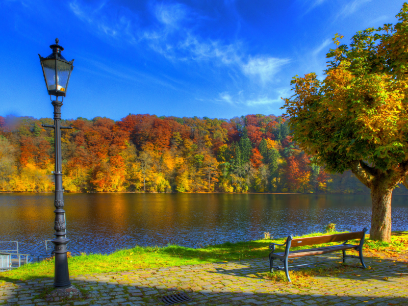 германия, скамейка, небо, река, ульмен, фонари, осень