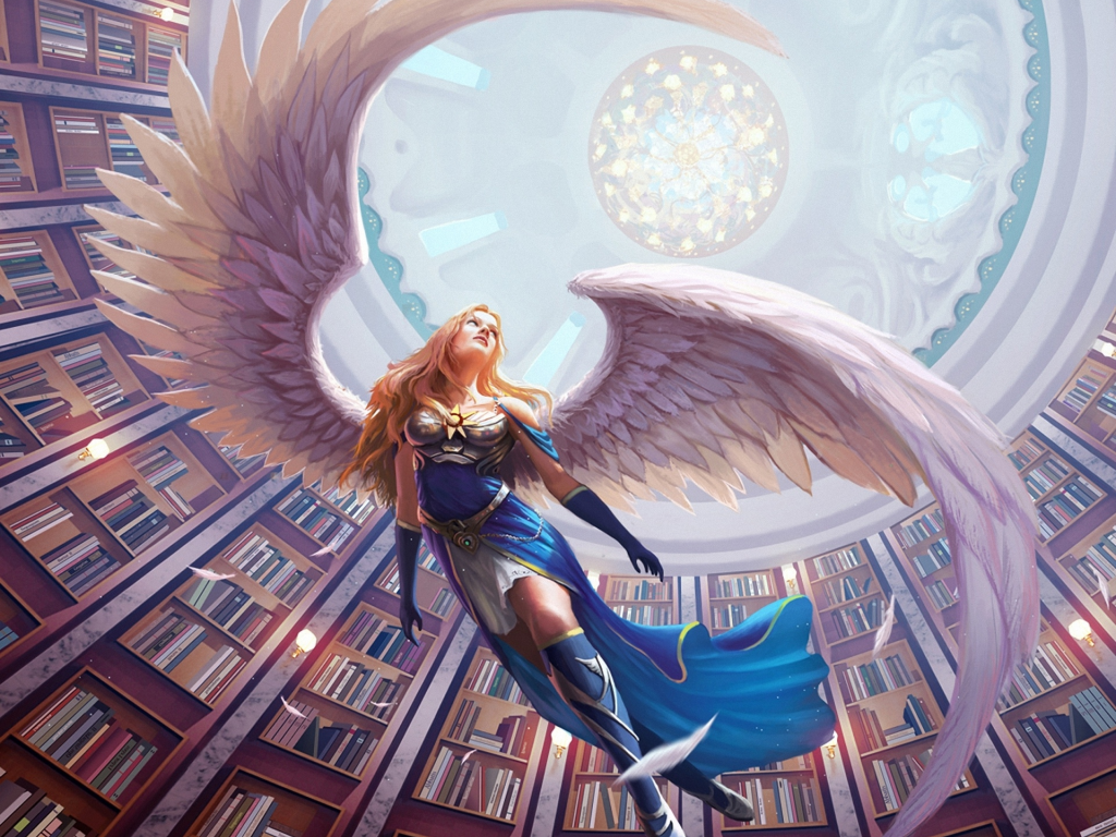 крылья, ангел, свод, библиотека, книги, арт, девушка