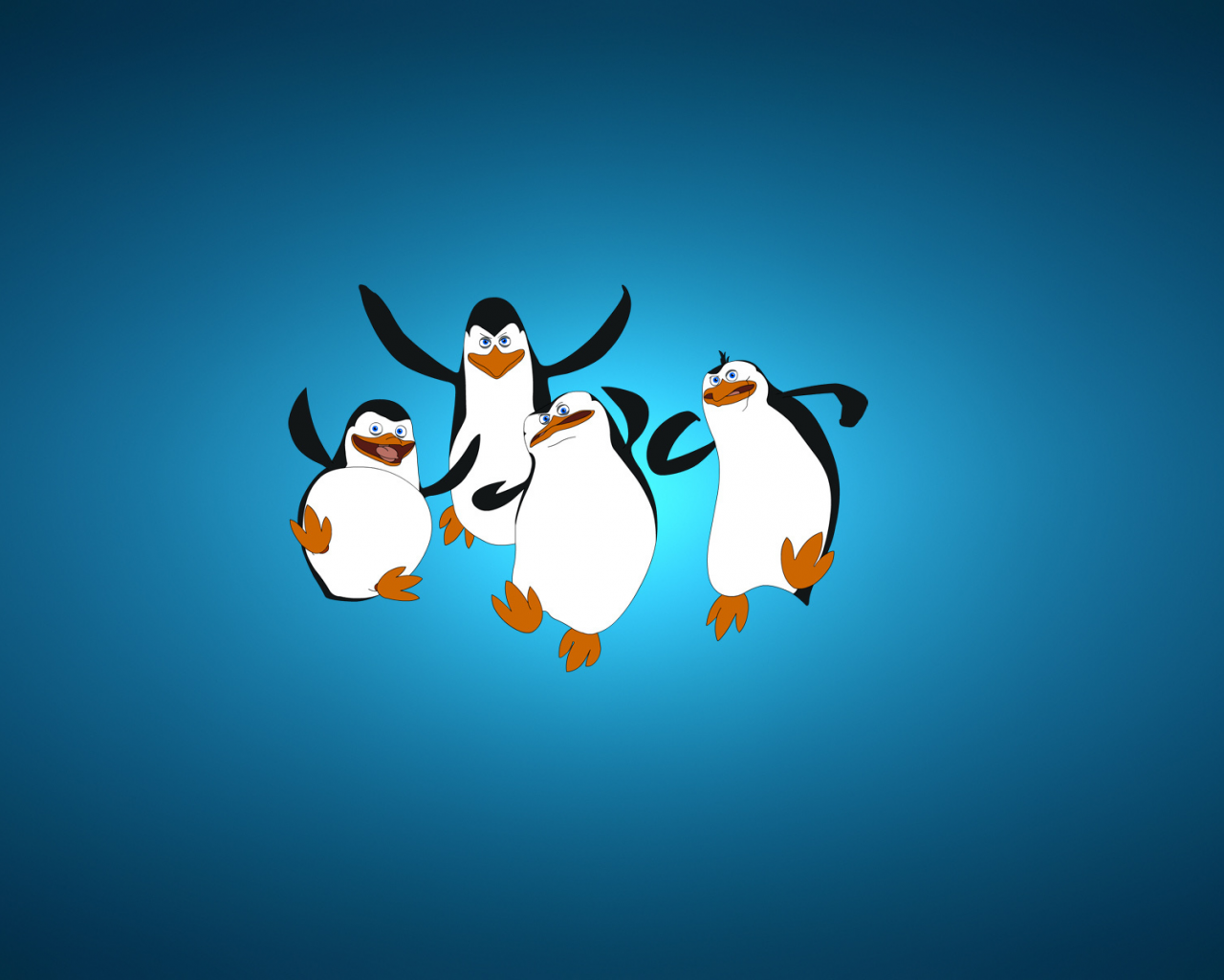 синий фон, пингвины из мадагаскара, четыре