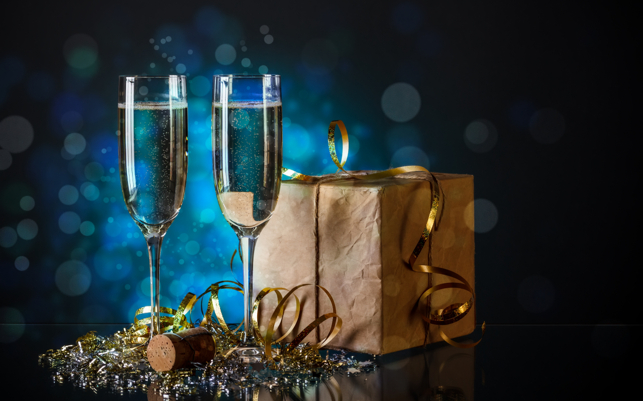 шампанское, серпантин, новый год, бокалы, праздник