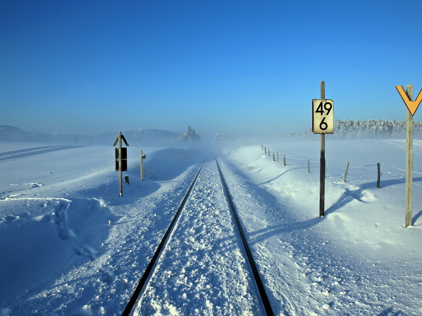 зима, знаки, пейзаж, железная дорога