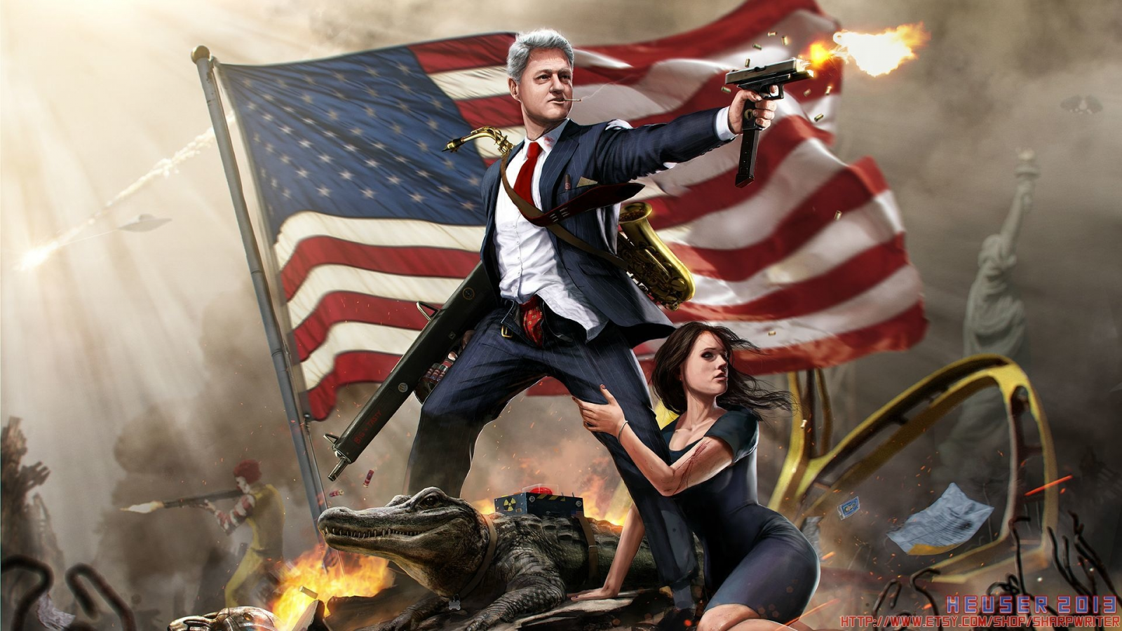 alligator, ronald, mcdonalds, gun, flag, girl, president, clinton