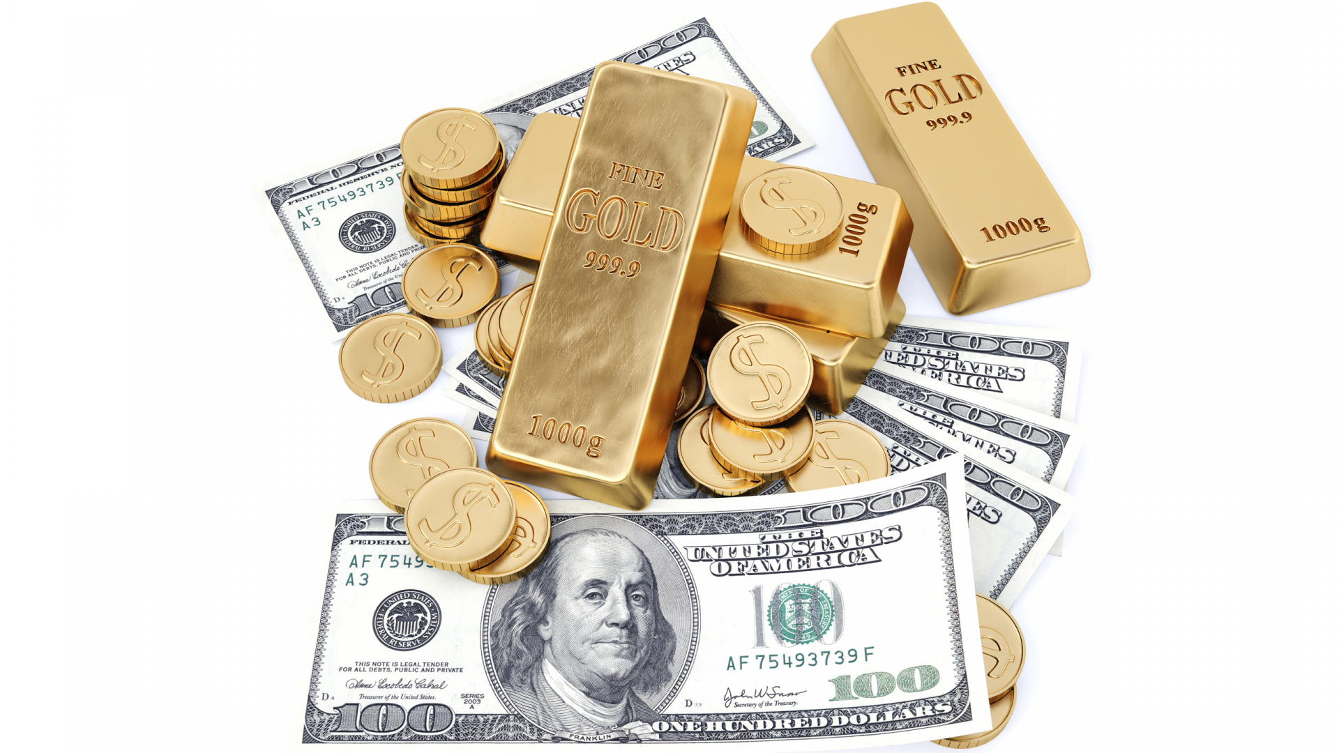 деньги, золото, монеты, доллары