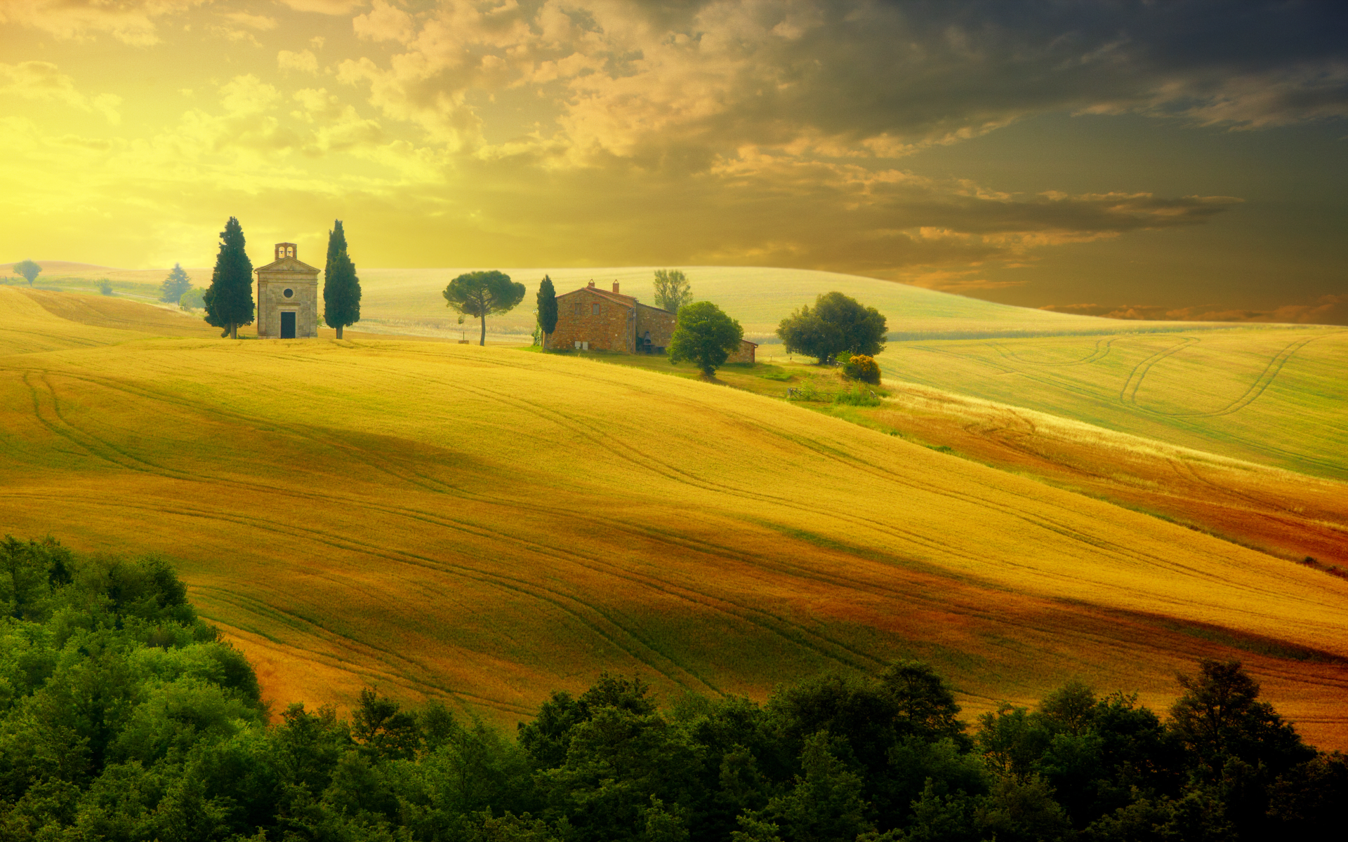 nature, countryside, sunset , italy , trees, summer, sky, landscape, tuscany , beautiful field