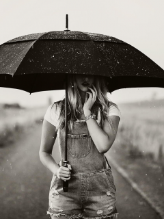 дождь, белое, чёрно, зонт, девушка, фото