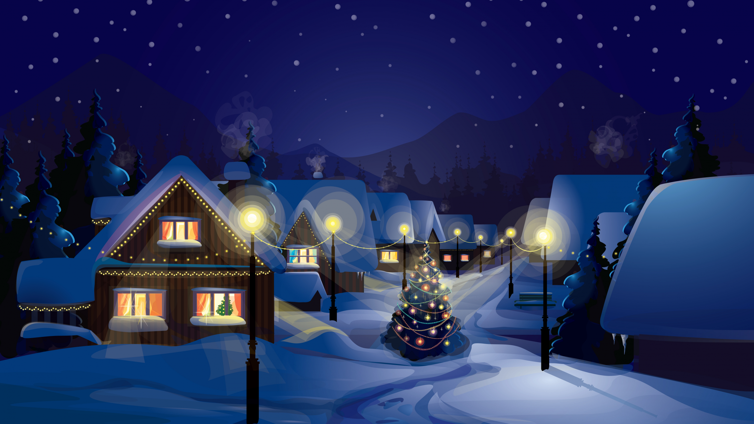 houses, merry christmas, city, lights, light columns, , , new year, ornaments, christmas tree, town