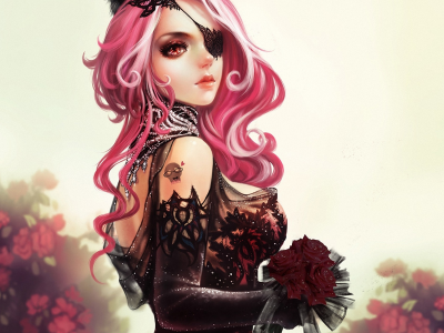 девушка, розовые волосы, повязка, букет, цветы, арт