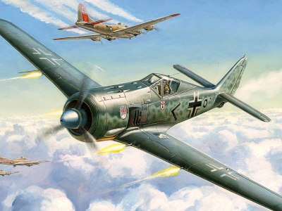painting, ww2, aviation, art, concept art, b 17 dogfight, combat, war, drawing, fw 190