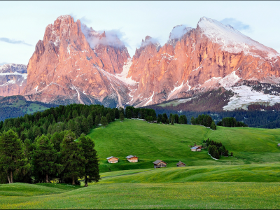 горы, enrosadira italia , лес, дома, лето