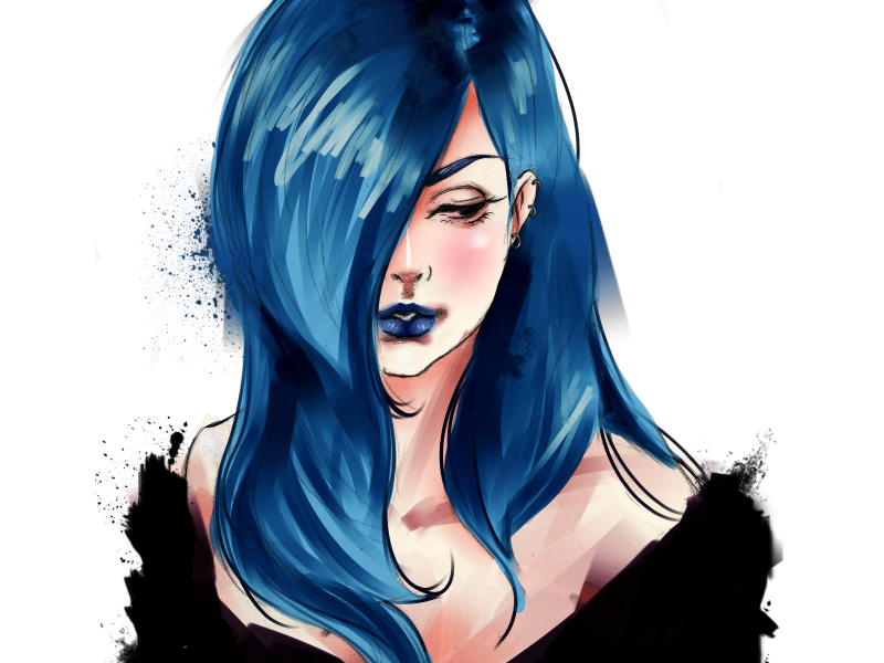девушка, синие волосы, рисунок