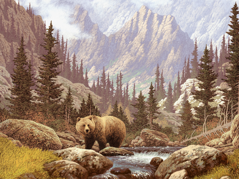 река, медведь, живопись, картина, горы, камни, лес, трава