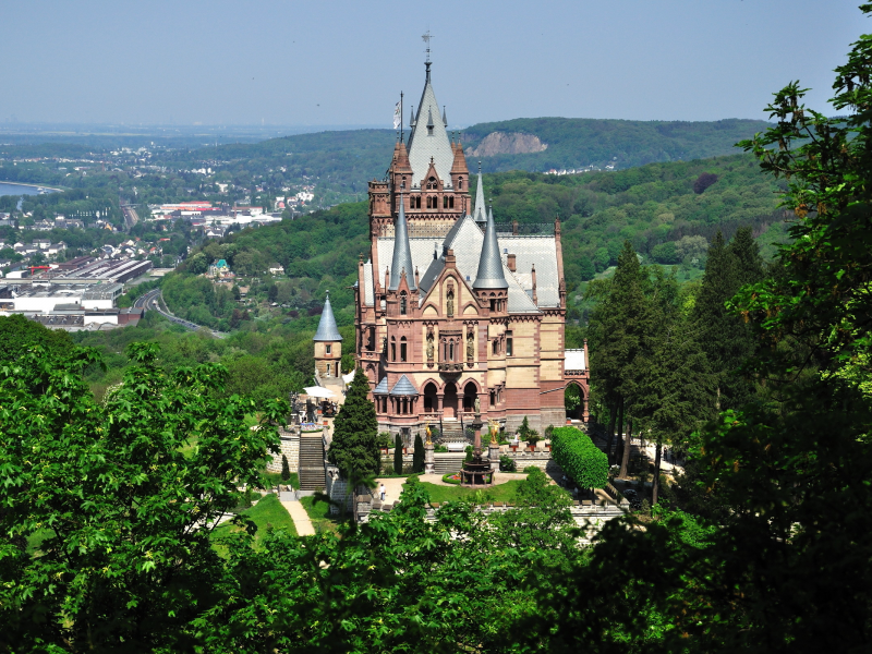 drachenburg, германия, castle, замок, лес, зелень, фото, город