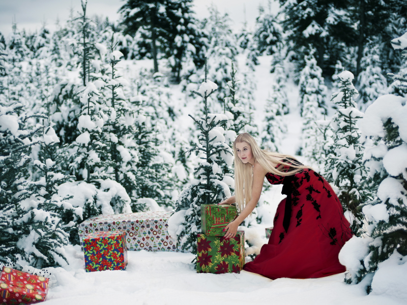 девушка, зима, лес, подарки
