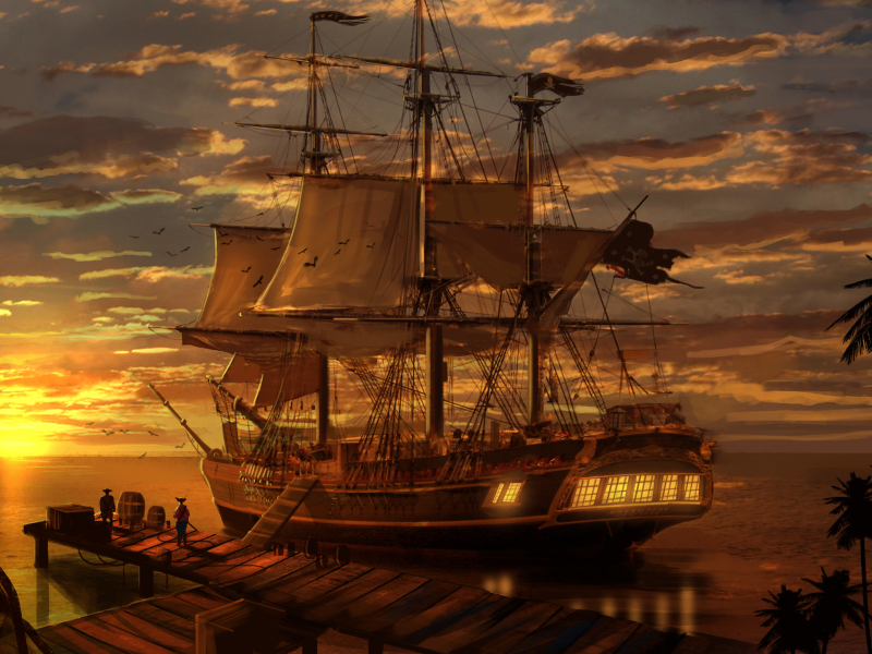 корабль, пейзаж, закат, вечер, море, пираты
