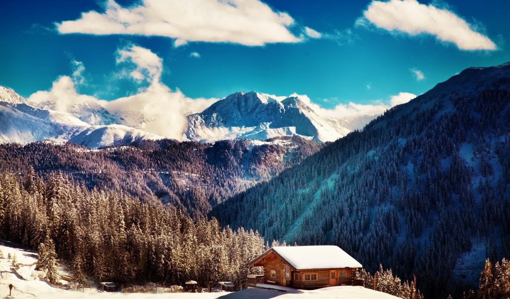 winter, clouds, mountains, blue sky