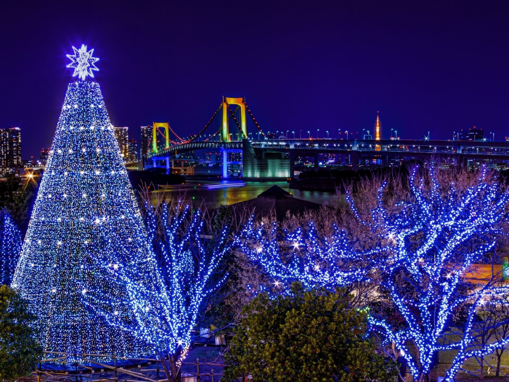 ёлка, Одайба, Odaiba, Токио, мост, радужный, гирлянда, Новый год, праздник, Tokyo