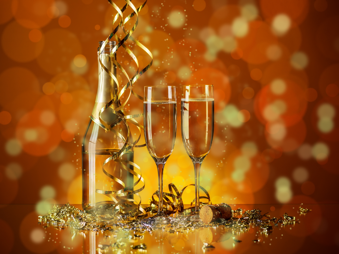праздник, бутылка, пробка, бокалы, новый год