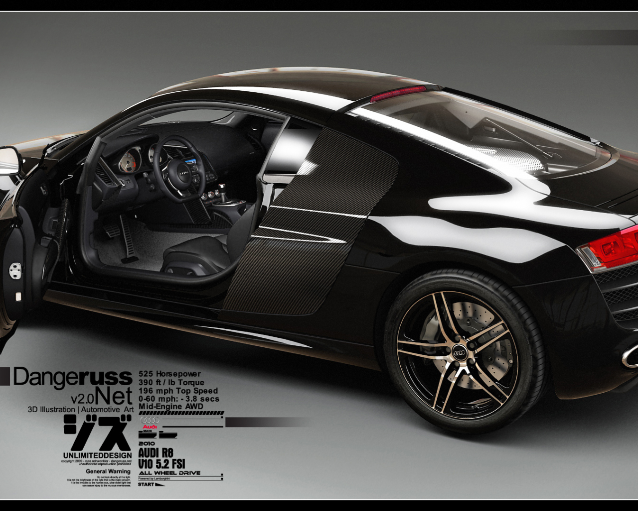 3d car, audi r8, v10, black car