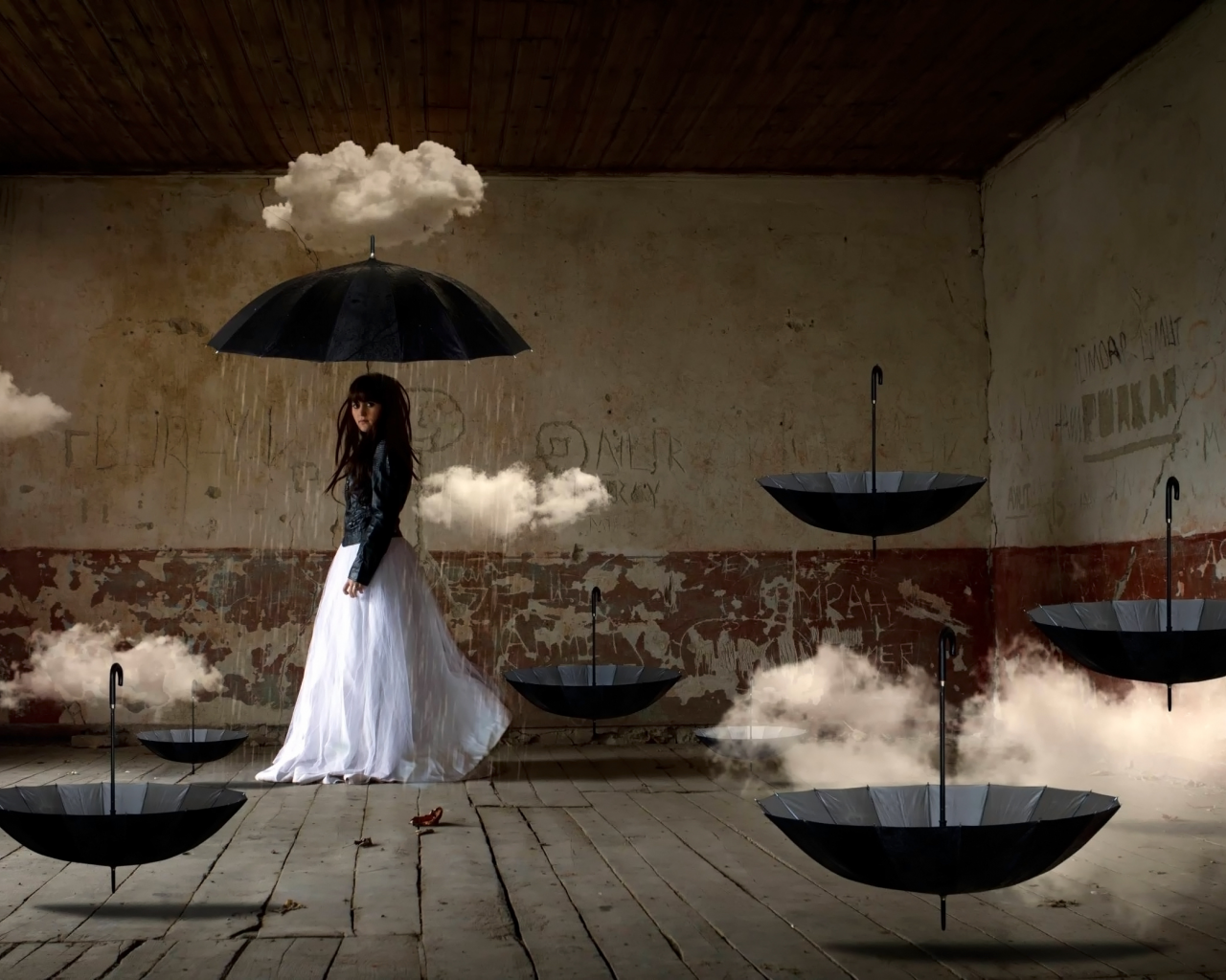девушка, арт, фантазия, комната, облака, зонты