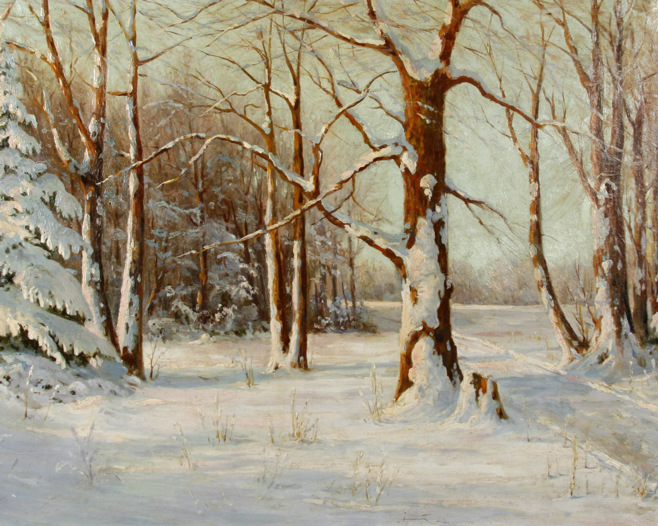 картина, пейзаж, елки, деревья, лес, зима, walter moras, снег