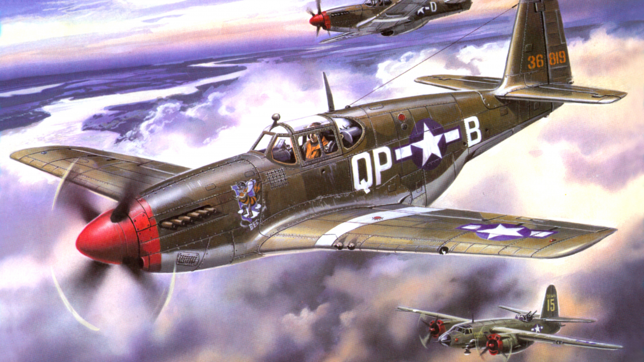 p-51b, арт, mustang, эскорт, американские, небо, истребители