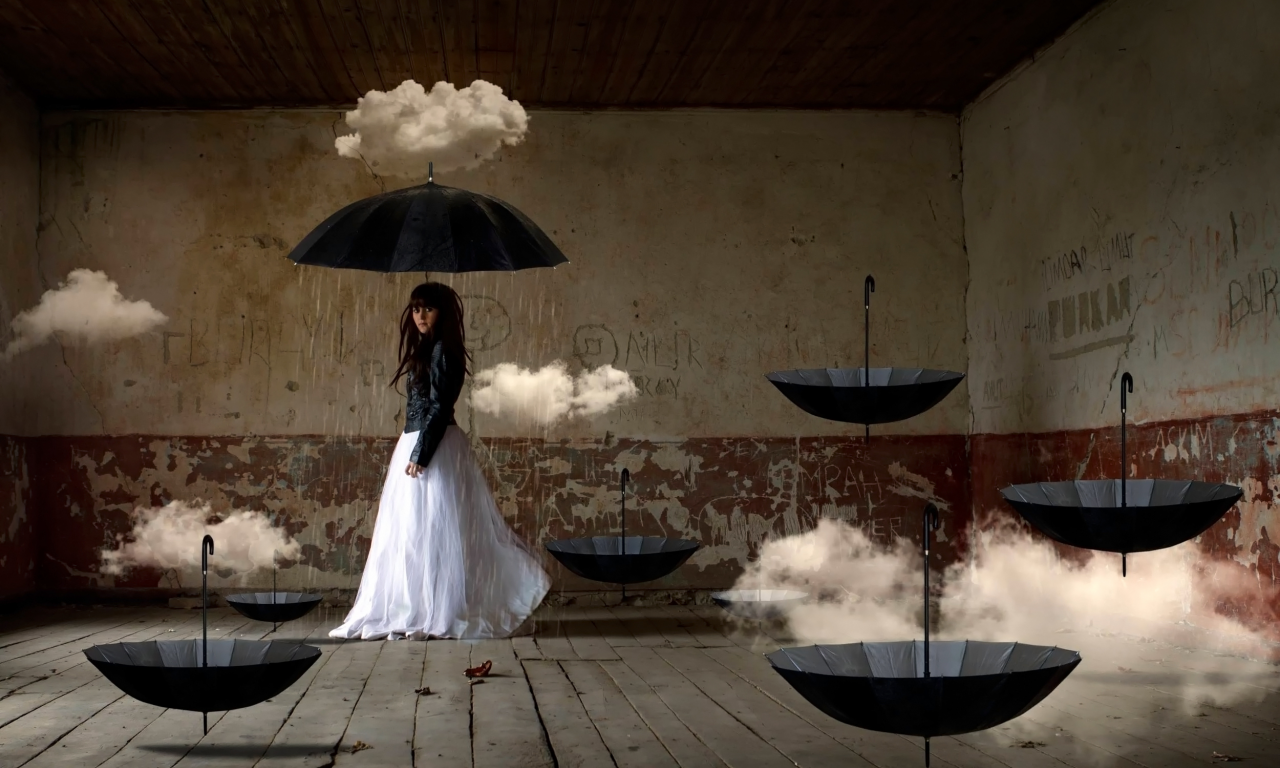 девушка, арт, фантазия, комната, облака, зонты