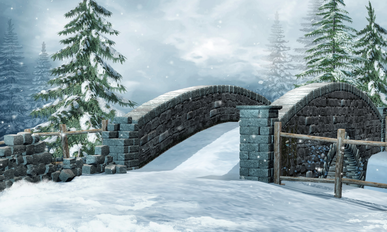фото, зима, снег, 3d графика, ель, мост, природа