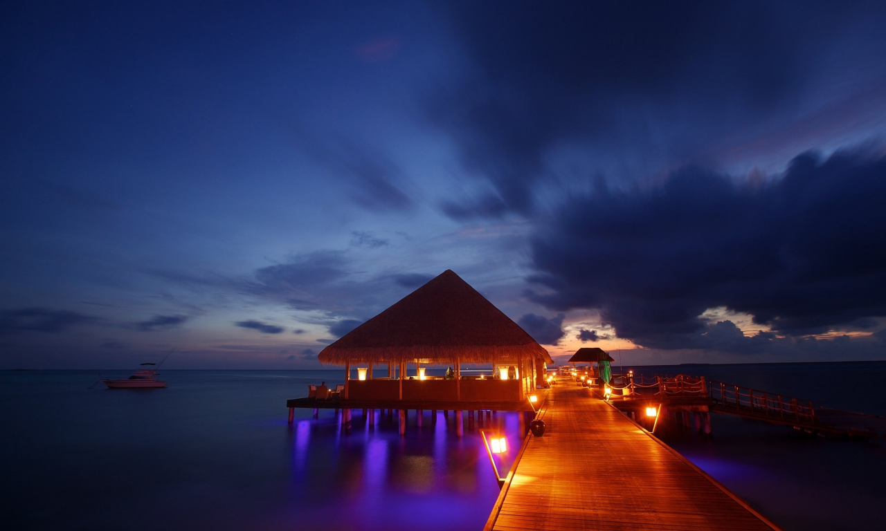 sea, night lights, ocean, tropical, sunset, бунгало, bungalow, beach, maldives, пирс