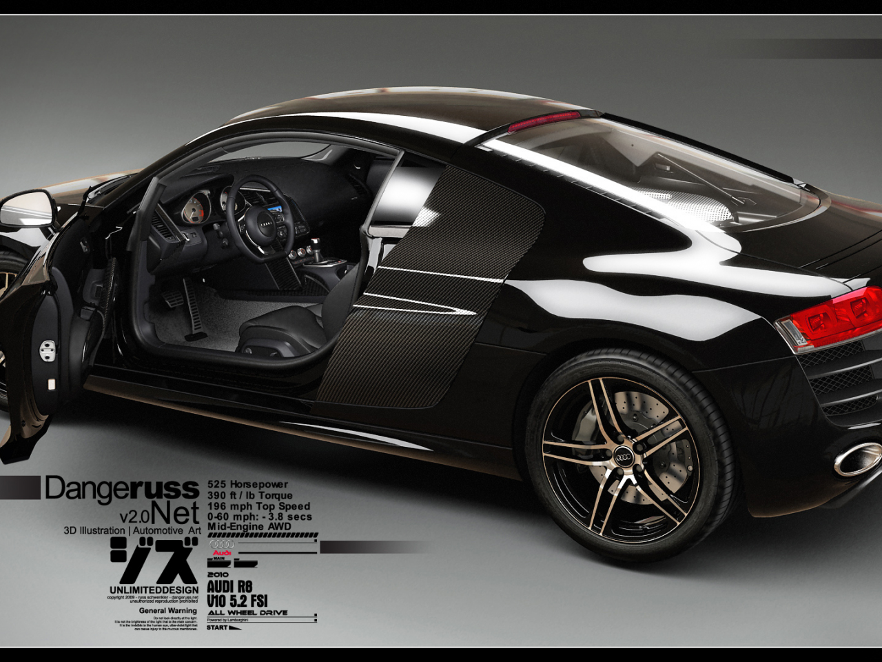 3d car, audi r8, v10, black car