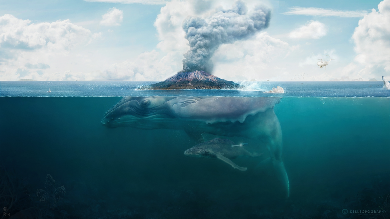 кит, hq wallpaper, вулкан, фантастика, desktopography, арт, остров