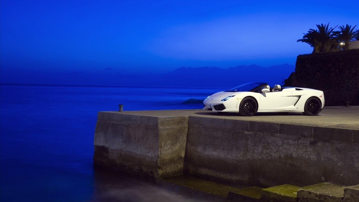 Авто, синий, вечер, море, evening, Lamborghini, blue, sea