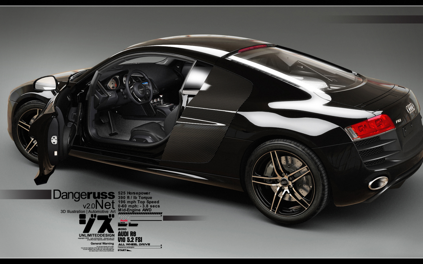 3d car, audi r8, v10, black car