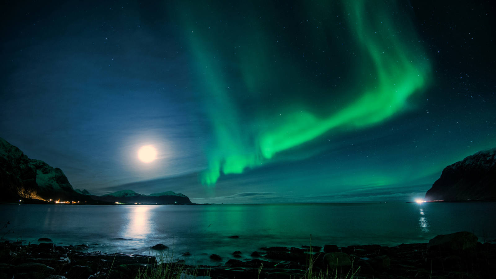 залив, северное сияние, луна, ночь, исландия