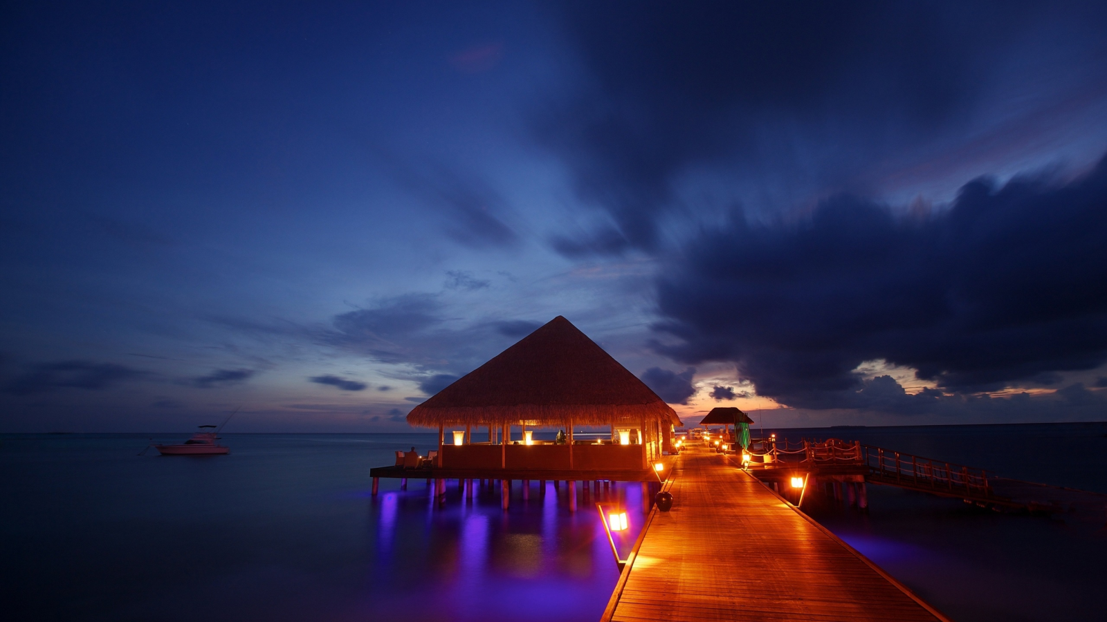 sea, night lights, ocean, tropical, sunset, бунгало, bungalow, beach, maldives, пирс