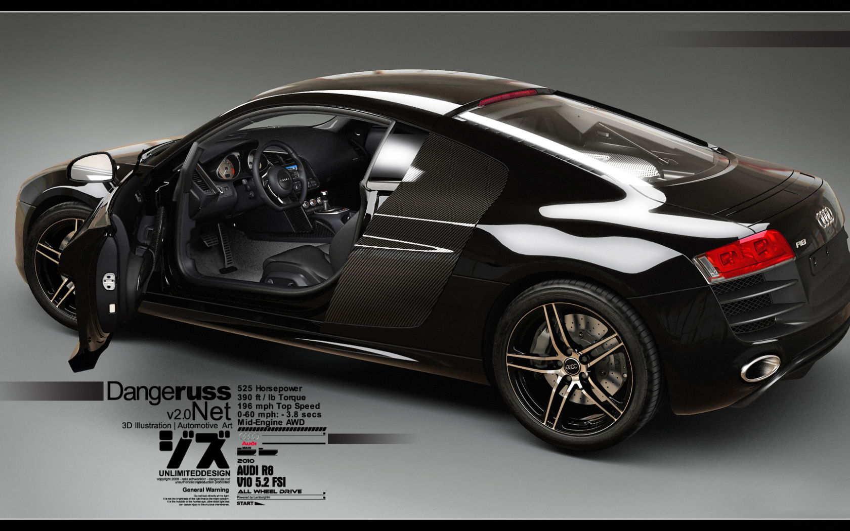 3d car, audi r8, v10, black car