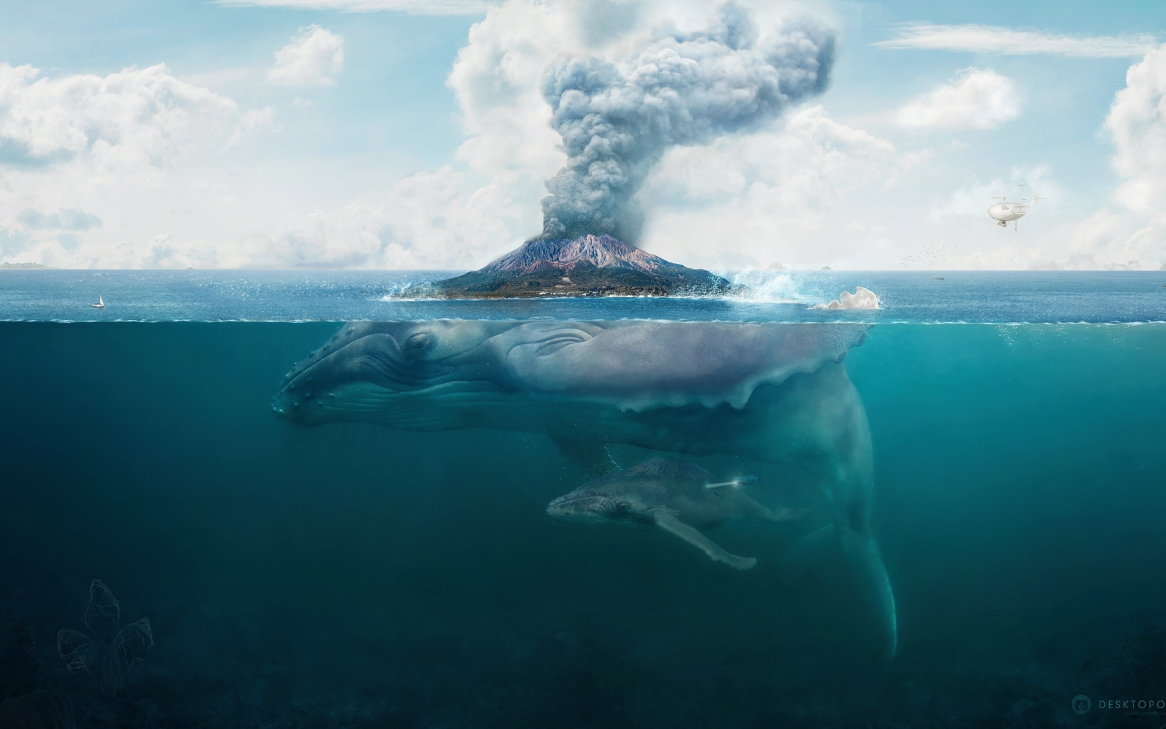 кит, hq wallpaper, вулкан, фантастика, desktopography, арт, остров