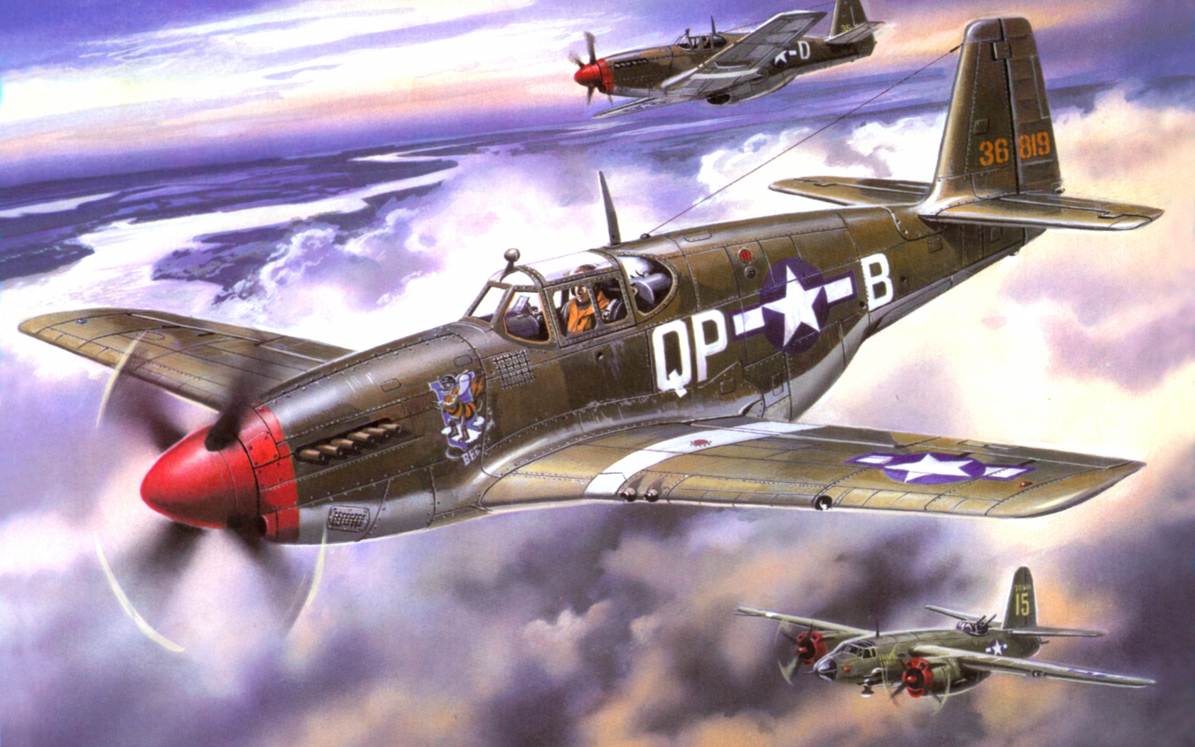 p-51b, арт, mustang, эскорт, американские, небо, истребители