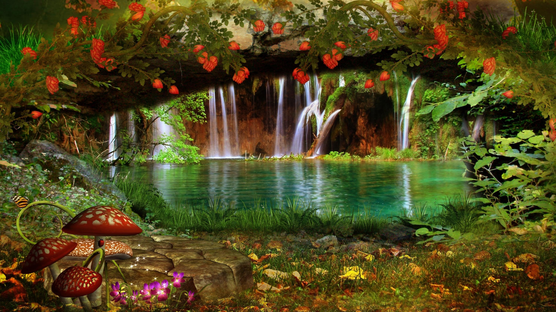 лиана, бабочка, пейзаж, водопад, грибы, цветы, природа