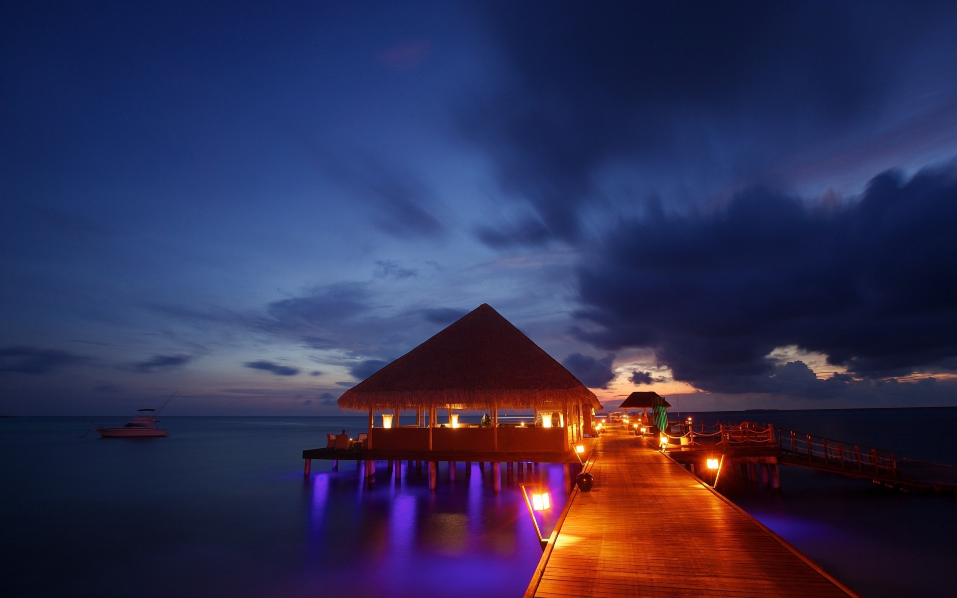 sea, night lights, ocean, tropical, sunset, бунгало, bungalow, beach, maldives, пирс