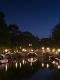 лодки, ночь, голландия, машины, амстердам, канал, улица