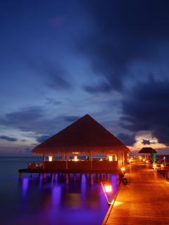 sea, night lights, ocean, tropical, sunset, бунгало, bungalow, beach, maldives, пирс