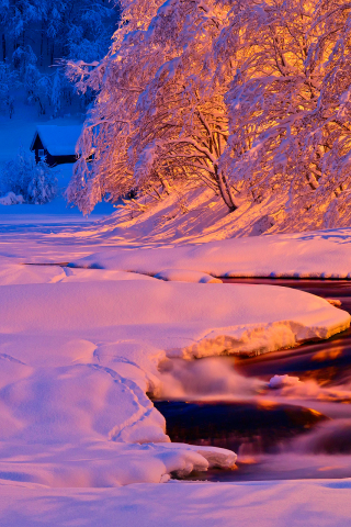 река, снег, свет, ночь, поток, вечер, природа, зима